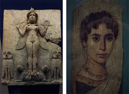 The Babylonian &#39;Queen of the Night relief&#39; of the goddess Ishtar, circa 1790 BC (Left) – Fayum mummy portrait of an Egyptian-Roman Lady (right) - Asif-Naqvi-Photography-British-Museum-281
