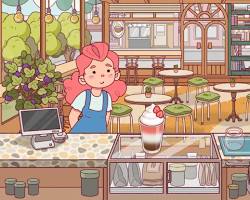 Image of person playing mobile game relaxed coffee shop setting