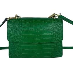 Image of vibrant emerald green croc embossed leather clutch
