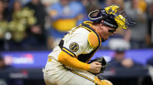 William Contreras catching for the Milwaukee Brewers during the postseason