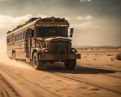 Image of bus driving through the desert