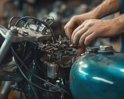 motorcycle mechanic working on a vintage bikeの画像