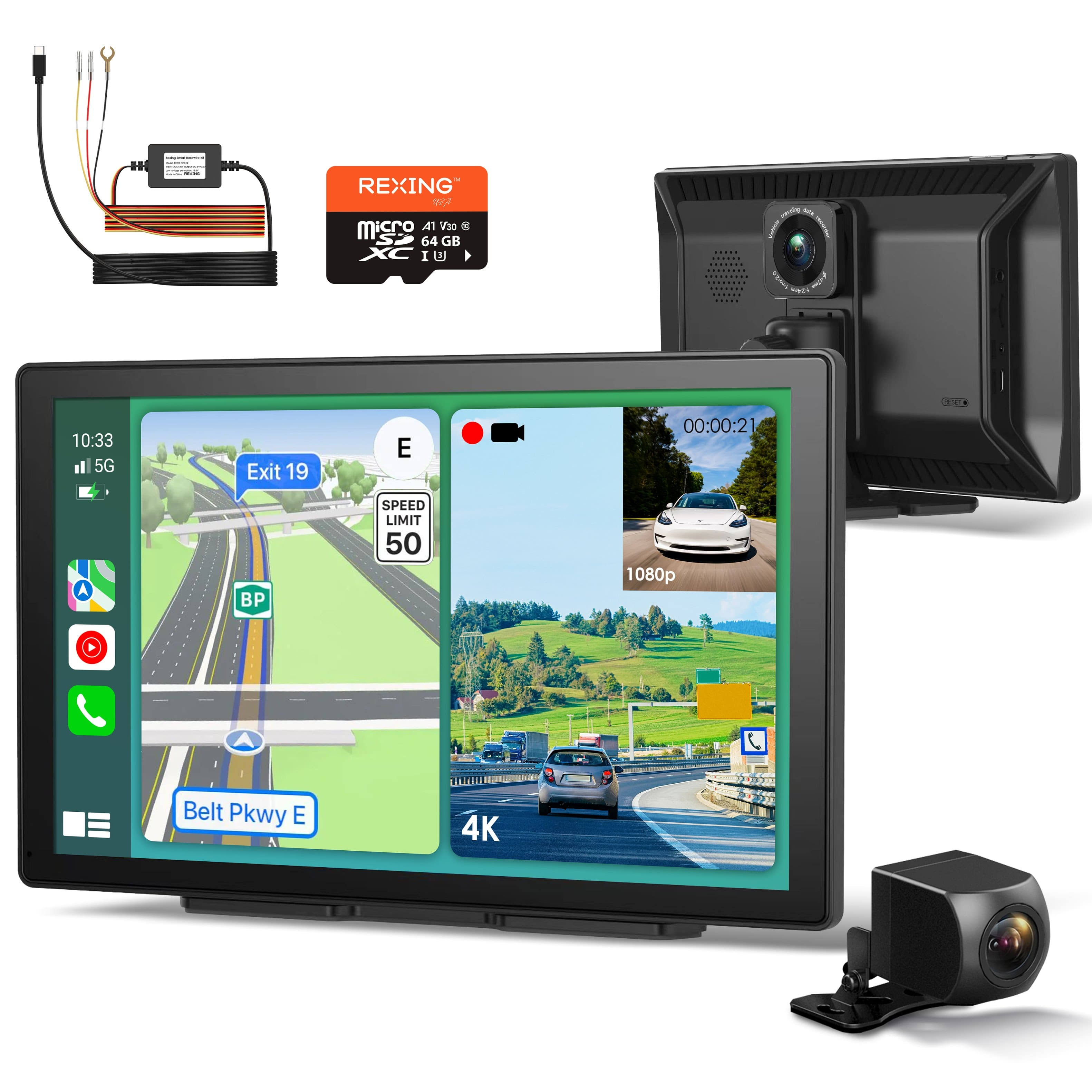 Rexing 4K+1080p Dash Cam with CarPlay & Android Auto, WiFi, GPS, and Parking Mode for Seamless Connectivity