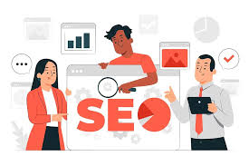 Illustration of a person working on a laptop with SEO elements