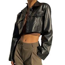 JEKE-DG Women's Sexy Faux Leather Coat Casual Cropped Motorcycle Coat Jacket Button Down Lapel Collar Outerwear (Black,Small) at Amazon Women's Coats Shop - Product from Amazon.com