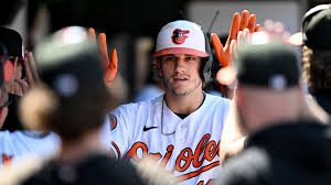 Coby Mayo celebrates after hitting two home runs against the Cleveland Guardians