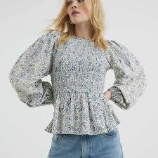 River Island long sleeve shirred top in blue | ASOS