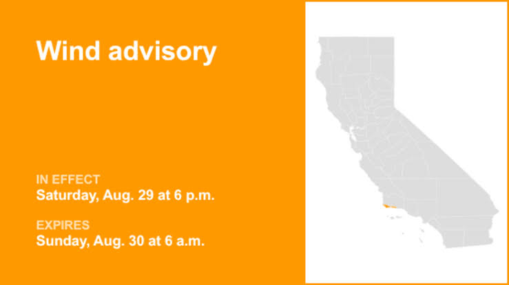 Wind advisory for Santa Barbara County Southwestern Coast until Sunday morning; gusts up to 50 mph may cause power outages and heat illness