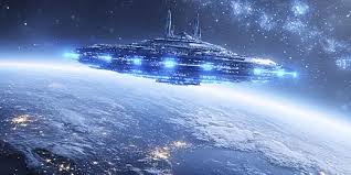 Hình nền Nền Một Tàu Vũ Trụ Khổng Lồ Với đèn Xanh Lơ Lửng ...