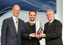 From Left: Dr. Kurt Bock, Chairman of the Board of Executive Directors of BASF, Dr. Karl Mayrhofer, Max-Planck-Institut für Eisenforschung, Düsseldorf and ... - Science-Award-for-Electrochemistry-2013