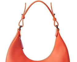 Image of halfmoon shaped leather clutch in a coral color