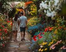 couple sitting on a bench surrounded by colorful flowers in the Fukuoka Botanical Garden.の画像