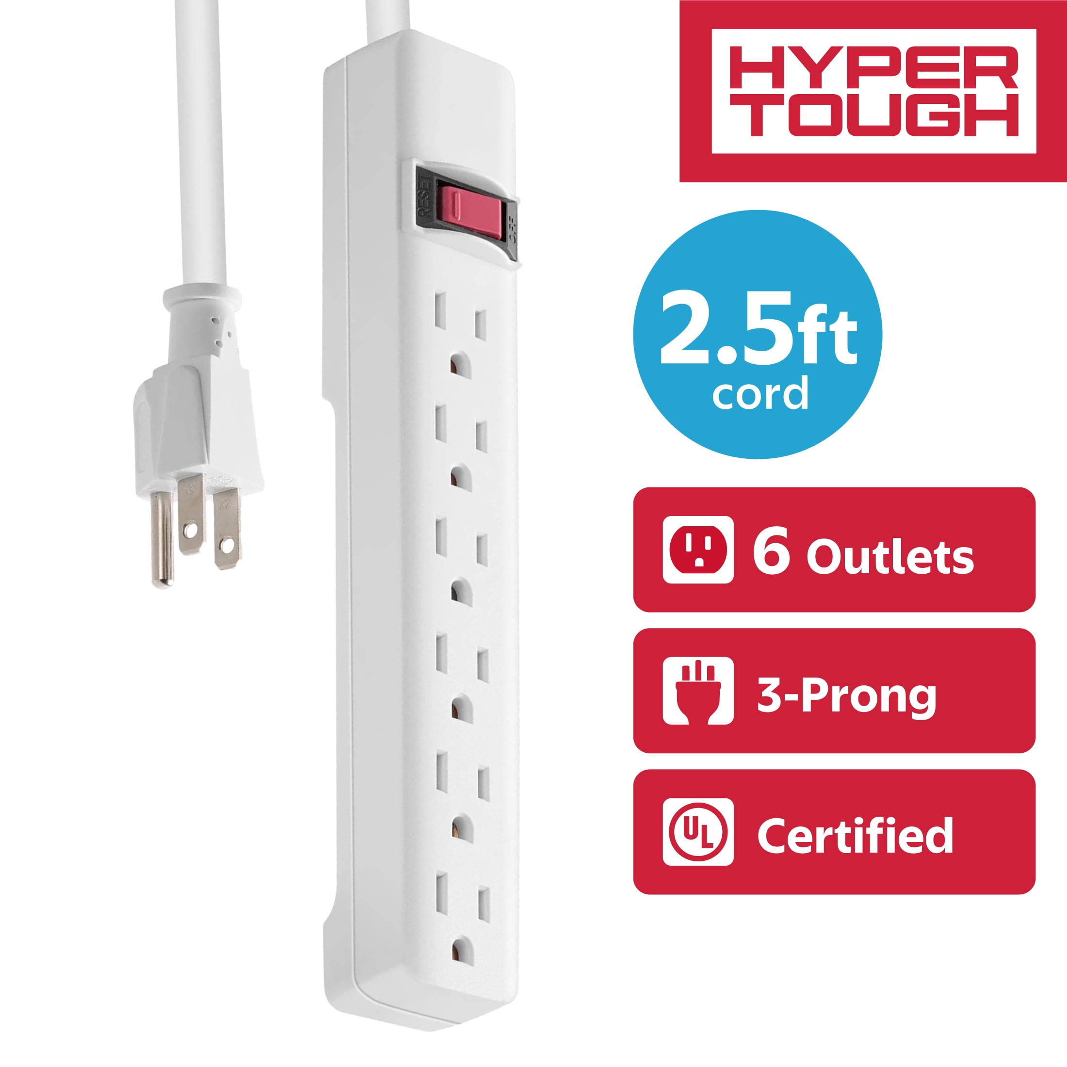 Hyper Tough 6-Outlet Indoor Power Strip 2.5 ft Extension Cord