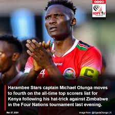 Harambee Stars captain Michael Olunga moves to fourth on the all-time top scorers list for Kenya following his hat-trick against Zimbabwe in the Four Nations tournament last evening. Olunga helped Kenya to