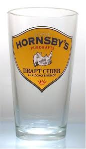 Hornsby&#39;s hard cider pint glass &quot;George Hornsby&#39;s - Pubdrafts&quot; with the old Rhino logo, above &quot;Draft Cider - An Alcoholic Beverage&quot; - on a 5¾&quot; tall, ... - Hornsby%27s%2520hard%2520cider%2520pint%2520glass