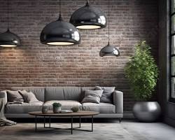 Image of Industrial living room with brick wallpaper and pendant lights
