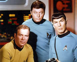 Star Trek original series 1966 William Shatner Captain Kirk Leonard Nimoy Spock DeForest Kelley McCoy USS Enterprise bridge 1960s NBC television stills, AI generated