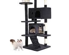 cat house with toys and scratching postsの画像