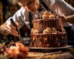pastry chef meticulously decorating an intricate cakeの画像
