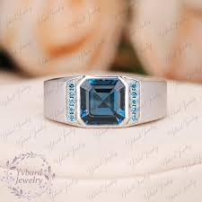 Natural London Blue Topaz Ring for Men Solid White Gold Ring Statement Ring Platinum Engag