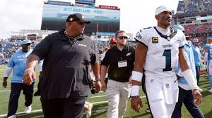 Jalen Hurts celebrates the Eagles’ comeback win over the Tennessee Titans