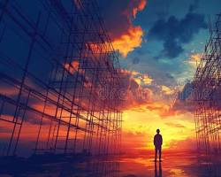 Gambar silhouette of a construction worker at sunset with a hopeful sky