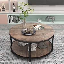 Rustic Wood 2-Tier a coffee table with Storage Shelf - 36&quot; Round Desktop for Living Room and Modern Home Design by NSdirect
