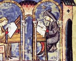 Image of Carolingian scriptorium medieval monks writing