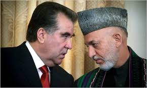 Majid Saeedi/Getty Images. President Hamid Karzai, right, with his counterpart from Tajikistan, Emomali Rahmon, at a joint news conference on Monday. - AFGHAN-1-articleLarge