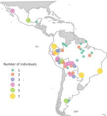 Geographic distribution of the indigenous American individuals included in the study. Each point represents a sampling location and its size is proportional to the number of individuals in that population