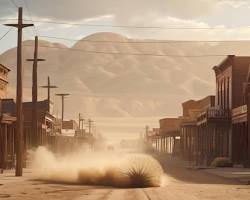 Image of tumbleweeds blowing down a deserted street