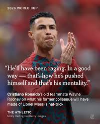 From The Athletic FC: Speaking of Lionel Messi vs. Cristiano Ronaldo, the Portugal man's old teammate and one-time international rival Wayne Rooney is in no doubt what his former colleague will have made of Messi's hat-trick. https://nyti.ms/4vgC0Lr