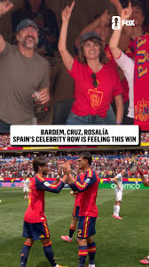 Javier Bardem, Penélope Cruz, and Rosalía celebrating after Spain's Knockout Stage win 🇪🇸