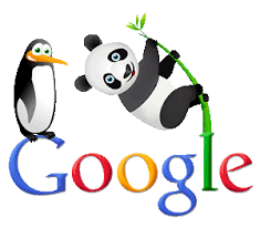 A silly image of a penguin and a panda on Google's logo