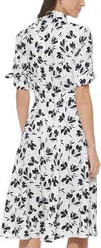 Calvin Klein Women's Dress Dot Crepe Shirt Dress with Short Sleeve Tie Detail Cream/Indigo 6 at Amazon Women's Clothing store