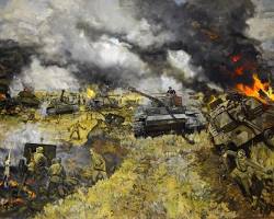 Image of Soviet and German tanks clashing in a massive tank battle at Kursk