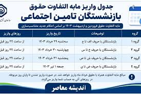 جدول واریز مابه التفاوت حقوق بازنشستگان تامین اجتماعی ۱۴۰۵