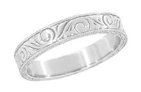 Art Deco Scrolls Engraved Unisex Wedding Band in Sterling Silver - 4mm — Antique Jewelry M