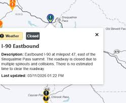 Pass Closure I-90 Eastbound Eastbound I-90 at milepost 47, east of the Snoqualmie Pass summit. The roadway is closed due to multiple spinouts and collisions. There is no estimated time to clear the roadway. Map Location https://wsdot.com/Travel/Real-time/