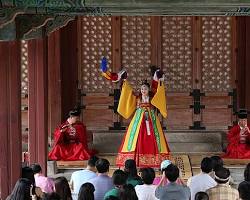 Korean court dancers performing Jeongjae – dancers in formal court attire performing with measured movements 이미지