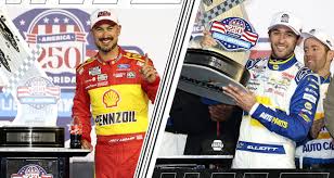 Joey Logano celebrates his win at the Duel at Daytona