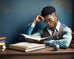 Image of Person sitting at a desk reading a book