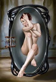 Donna nuda ranicchiata in una cornice/specchio che osserva una clessidra