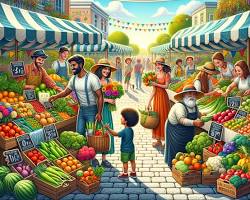 Imagen de bustling farmers market with diverse vendors selling fresh produce, artisanal goods, and handcrafted items