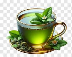 steaming cup of green tea with vibrant green tea leavesの画像