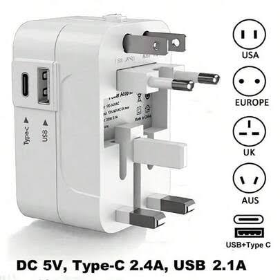 Shein |Universal Travel Adapter 1 USB Port + 1 Type-C Port Wall Plug Power Adapter