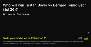 July 26, 2026: Tristan Boyer vs Bernard Tomic: Set 1 Winner Tennis Prediction Market