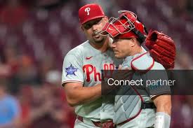 Licensable picture: Philadelphia Phillies pitcher Jhoan Duran (59) celebrates a win with catcher J.T. Realmuto (10) after the ninth inning of the