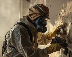 Image of person wearing a gas mask in a moldy room