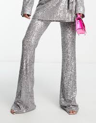 ASOS DESIGN jersey sequin flare suit pants in gunmetal